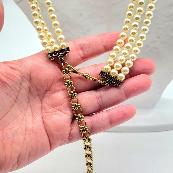 Heidi Daus Ruby Swarovski Crystal Rose Necklace with Triple Strand Ivory Pearls - Picture 7 of 8